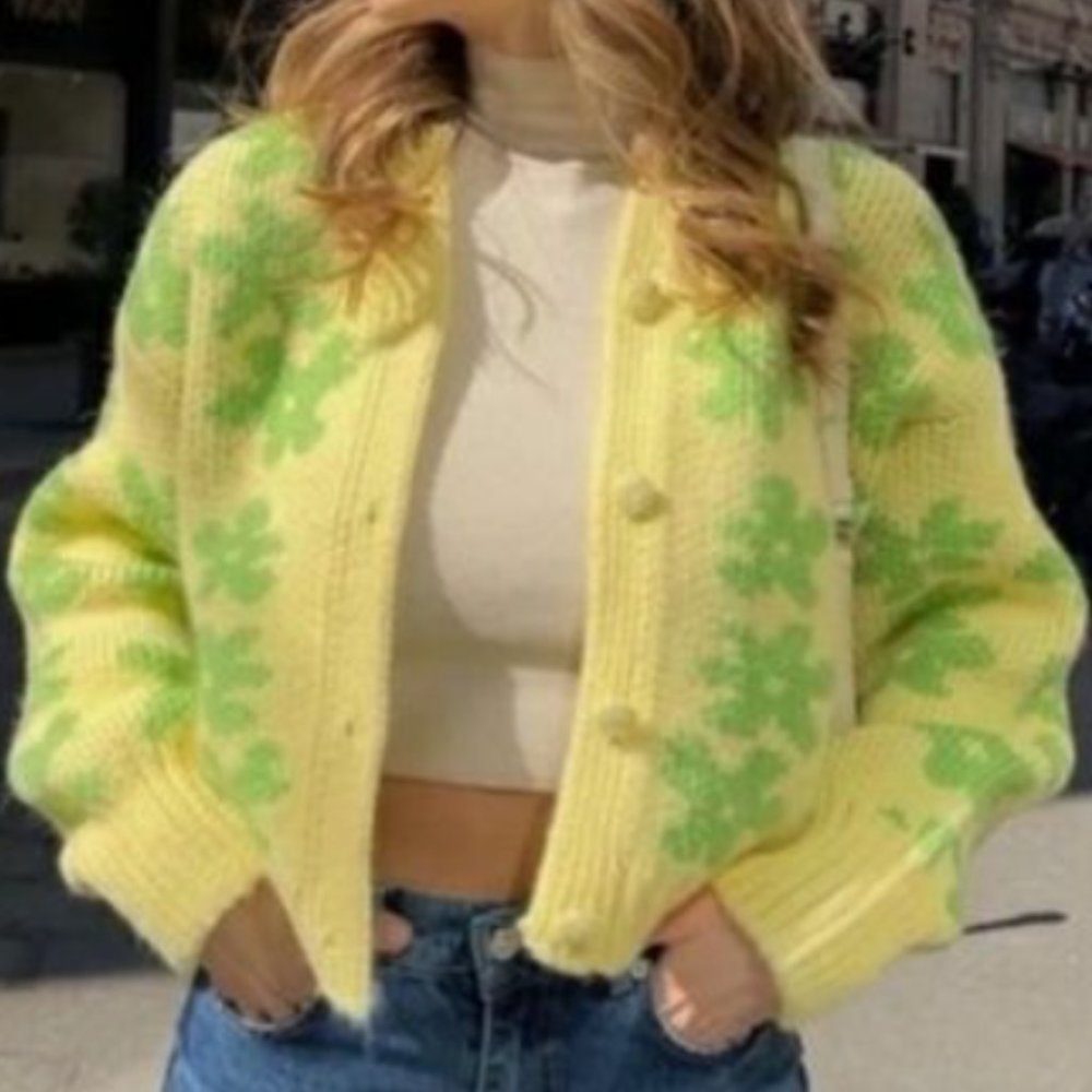ZARA Floral Jacquard Knit Retro Pop Flower Chunky Knit Cardigan SZ L